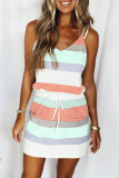 Casual Color Lump Draw String Pocket V Neck A Line Dresses