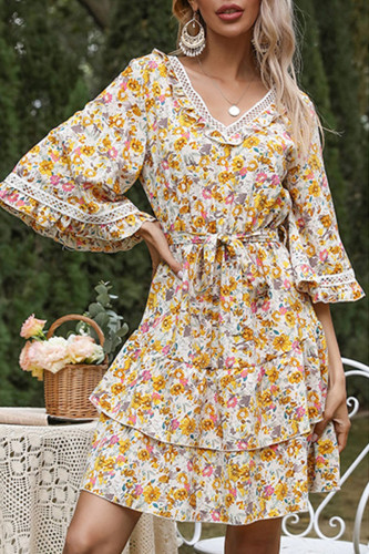 Fashion Street Print Split Joint V Neck A Line Dresses
