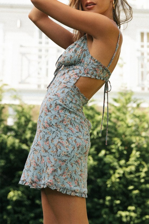 Fashion Street Floral Frenulum Backless Wrapped Skirt Dresses
