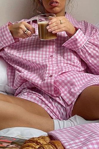 Fashion Casual Plaid Split Joint Turndown Collar Long Sleeve Two Pieces