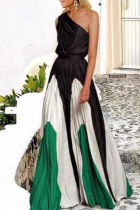 Fashion Elegant Patchwork Contrast Oblique Collar Waist Skirt Dresses
