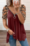 Casual Leopard Hollowed Out Zipper V Neck T-Shirts