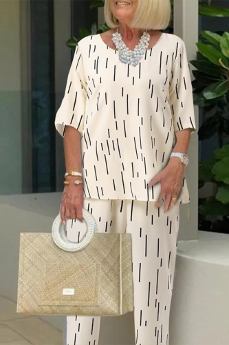 Casual Daily Striped Print Patchwork O Neck Half Sleeve Two Pieces