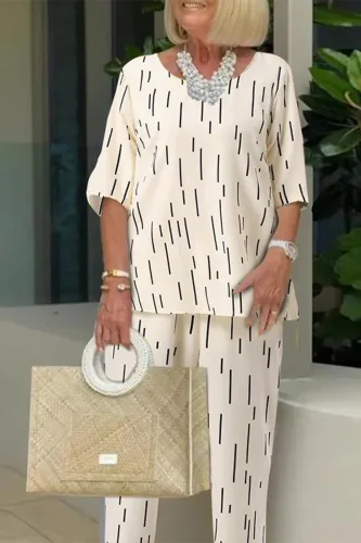 Casual Daily Striped Print Patchwork O Neck Half Sleeve Two Pieces