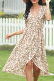 Elegant Print Frenulum V Neck Irregular Dress Dresses