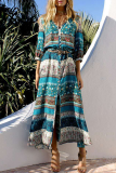 Bohemian Print Buckle Slit V Neck Dresses