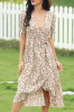 Elegant Print Frenulum V Neck Irregular Dress Dresses