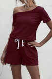 Fashion Casual Solid Draw String Oblique Collar Loose Rompers