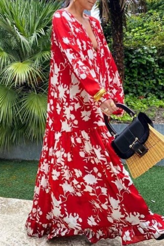 Casual Print Basic V Neck Long Sleeve Dresses