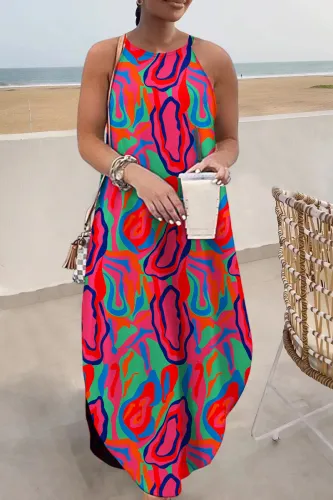 Casual Print Basic O Neck Long Dress Dresses
