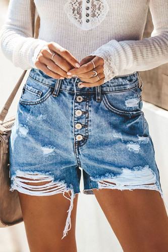 Fashion Street Solid Ripped High Waist Straight Denim Shorts
