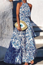 Fashion Elegant Print Split Joint Flounce O Neck A Line Dresses