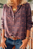 Street Vintage Print Buckle V Neck Tops