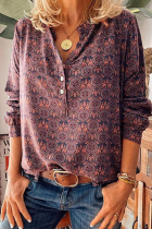 Street Vintage Print Buckle V Neck Tops