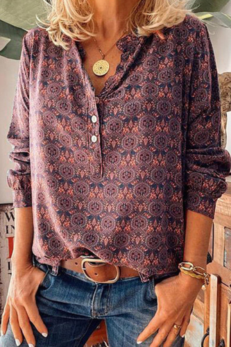 Street Vintage Print Buckle V Neck Tops