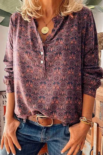 Street Vintage Print Buckle V Neck Tops