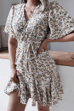 Fashion Casual Print Split Joint V Neck Waist Skirt Dresses