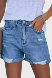 Street Solid Ripped Make Old Mid Waist Straight Denim Shorts