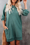 Casual Solid Split Joint Pocket O Neck Long Sleeve Dresses