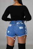 Fashion Street Solid Ripped High Waist Straight Denim Shorts