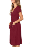 Elegant Solid Pocket Buckle V Neck A Line Dresses