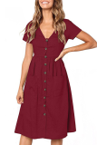 Elegant Solid Pocket Buckle V Neck A Line Dresses