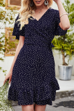 Elegant Dot Patchwork Flounce V Neck A Line Dresses