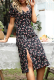 Fashion Elegant Floral Split Joint Slit V Neck A Line Dresses