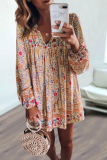 Casual Print Split Joint V Neck Cake Skirt Dresses