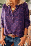Street Vintage Print Buckle V Neck Tops