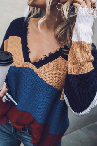 Fashion Street Patchwork Tassel V Neck Tops