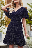 Elegant Dot Patchwork Flounce V Neck A Line Dresses