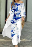 Casual Print Asymmetrical O Neck Three Quarter Two Pieces