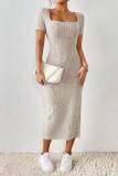 Casual Solid Slit Square Collar Short Sleeve Dress
