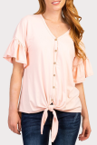 Casual Solid Buckle Strap Design V Neck Tops