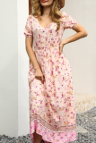 Fashion Elegant Floral Split Joint Buckle V Neck A Line Dresses