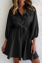 Elegant Solid Pocket Frenulum Solid Color Turndown Collar Long Sleeve Dresses