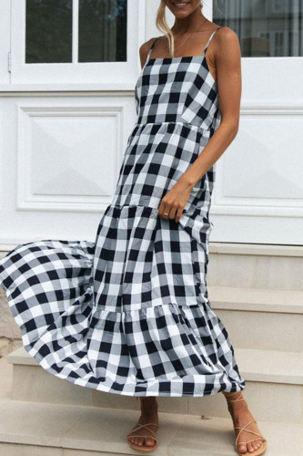 Fashion Street Plaid Split Joint Spaghetti Strap Cake Skirt Dresses