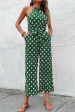Casual Sweet Polka Dot Bandage Pocket Halter Loose Jumpsuits