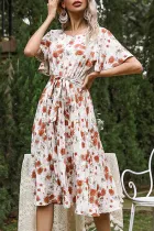 Elegant Floral Frenulum Fold O Neck A Line Dresses