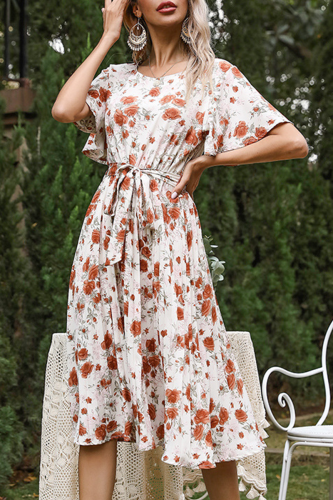 Elegant Floral Frenulum Fold O Neck A Line Dresses