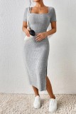 Casual Solid Slit Square Collar Short Sleeve Dress