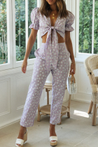 Casual Plaid Floral Fold With Bow V Neck Short Sleeve Two Pieces