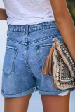 Street Solid Ripped Make Old Mid Waist Straight Denim Shorts
