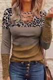 Leopard Print Lace Panel Striped Casual T-Shirt