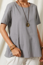 Casual Solid Split Joint O Neck Tops