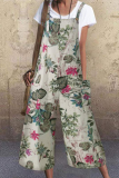 Casual Print Pocket Buttons Capris Square Collar Loose Jumpsuits