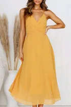 Fashion Casual Solid Split Joint V Neck A Line Dresses
