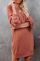 Casual Solid Split Joint Pocket O Neck Long Sleeve Dresses