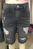 Street Solid Rivets Ripped Capris Straight Denim Shorts